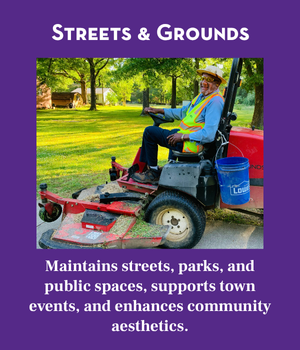 Streets & Grounds Banner. Shows picture of employee on a riding mowing. 